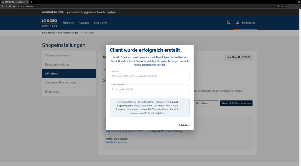 idealo Business Account API Clients für die Shopware 6 idealo App neu generieren